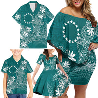 Teal Kuki Airani Tapakau Family Matching Off Shoulder Short Dress and Hawaiian Shirt Tribal Anchor Mix Tiare
