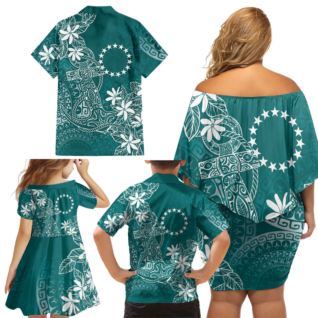Teal Kuki Airani Tapakau Family Matching Off Shoulder Short Dress and Hawaiian Shirt Tribal Anchor Mix Tiare