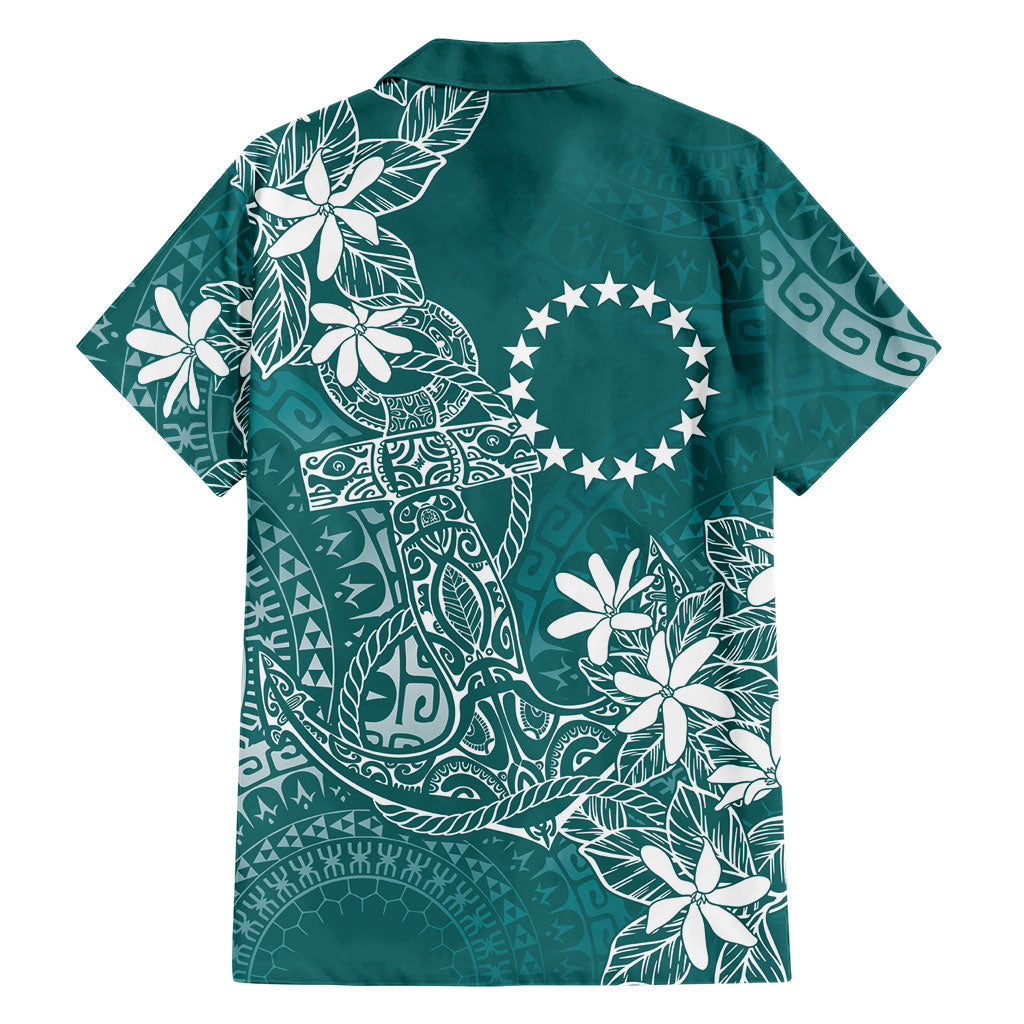 Teal Kuki Airani Tapakau Family Matching Off Shoulder Short Dress and Hawaiian Shirt Tribal Anchor Mix Tiare