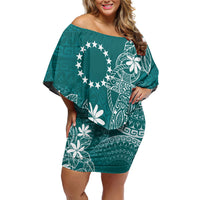 Teal Kuki Airani Tapakau Family Matching Off Shoulder Short Dress and Hawaiian Shirt Tribal Anchor Mix Tiare