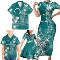 Teal Kuki Airani Tapakau Family Matching Short Sleeve Bodycon Dress and Hawaiian Shirt Tribal Anchor Mix Tiare