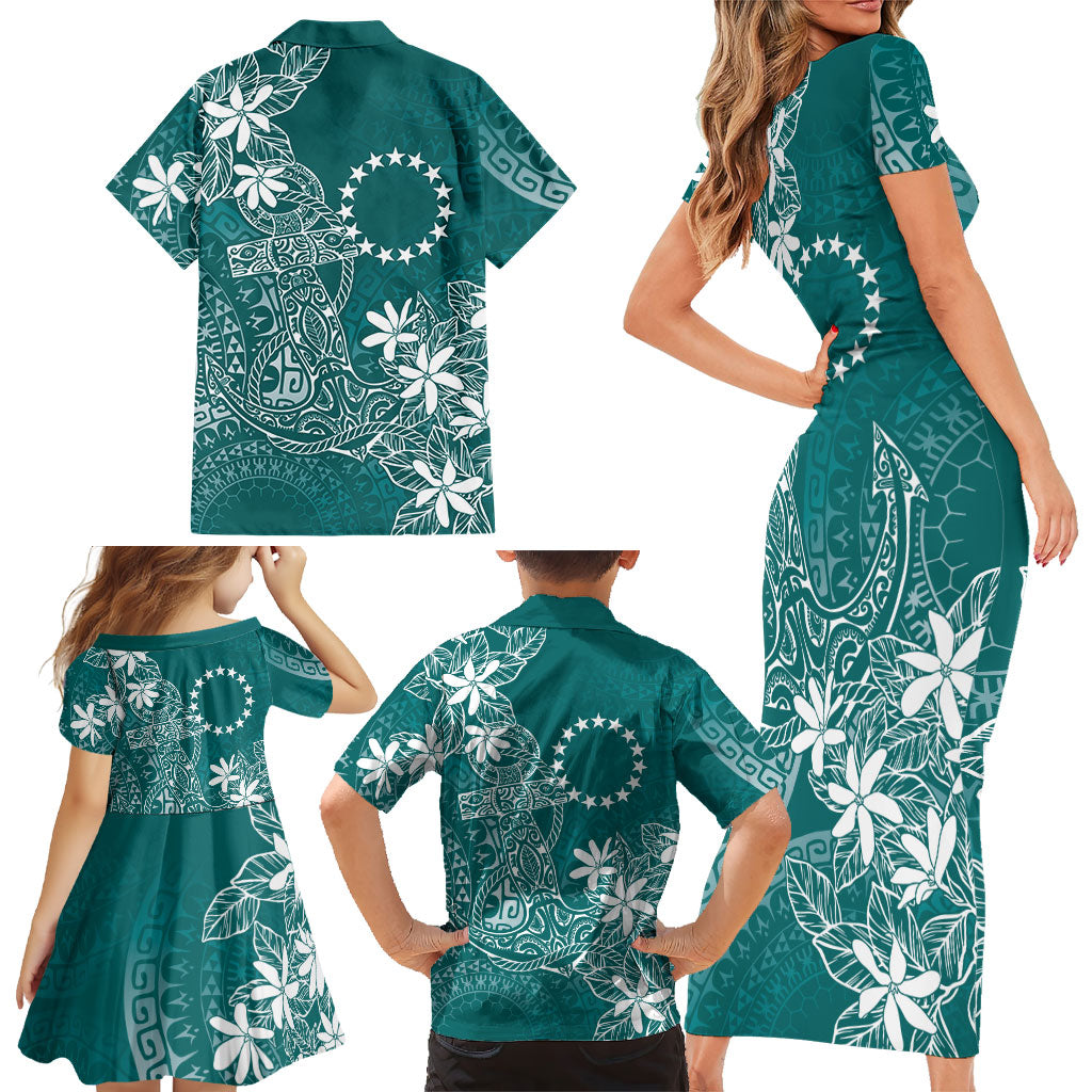 Teal Kuki Airani Tapakau Family Matching Short Sleeve Bodycon Dress and Hawaiian Shirt Tribal Anchor Mix Tiare