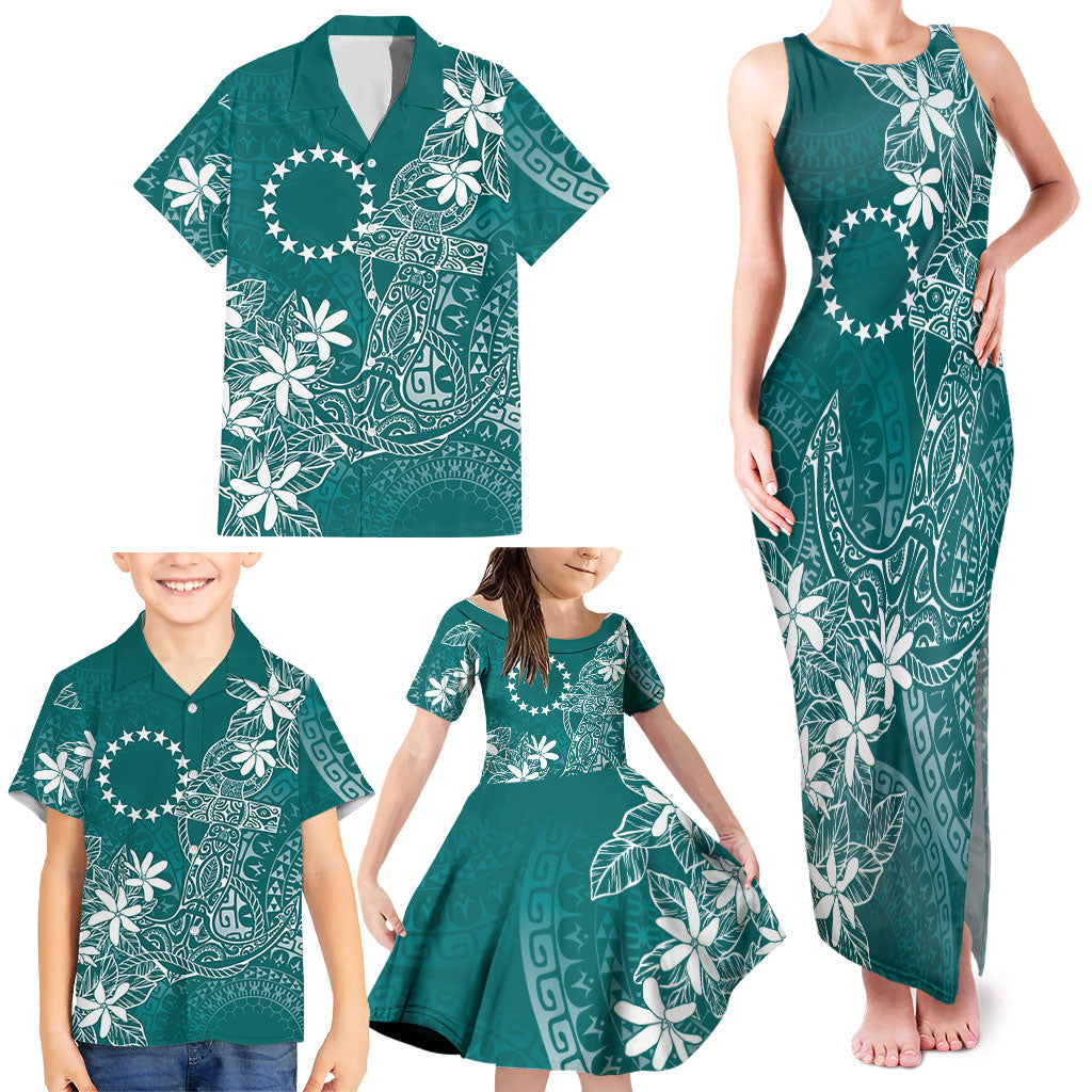 Teal Kuki Airani Tapakau Family Matching Tank Maxi Dress and Hawaiian Shirt Tribal Anchor Mix Tiare
