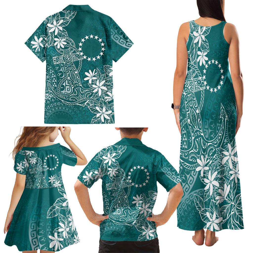 Teal Kuki Airani Tapakau Family Matching Tank Maxi Dress and Hawaiian Shirt Tribal Anchor Mix Tiare