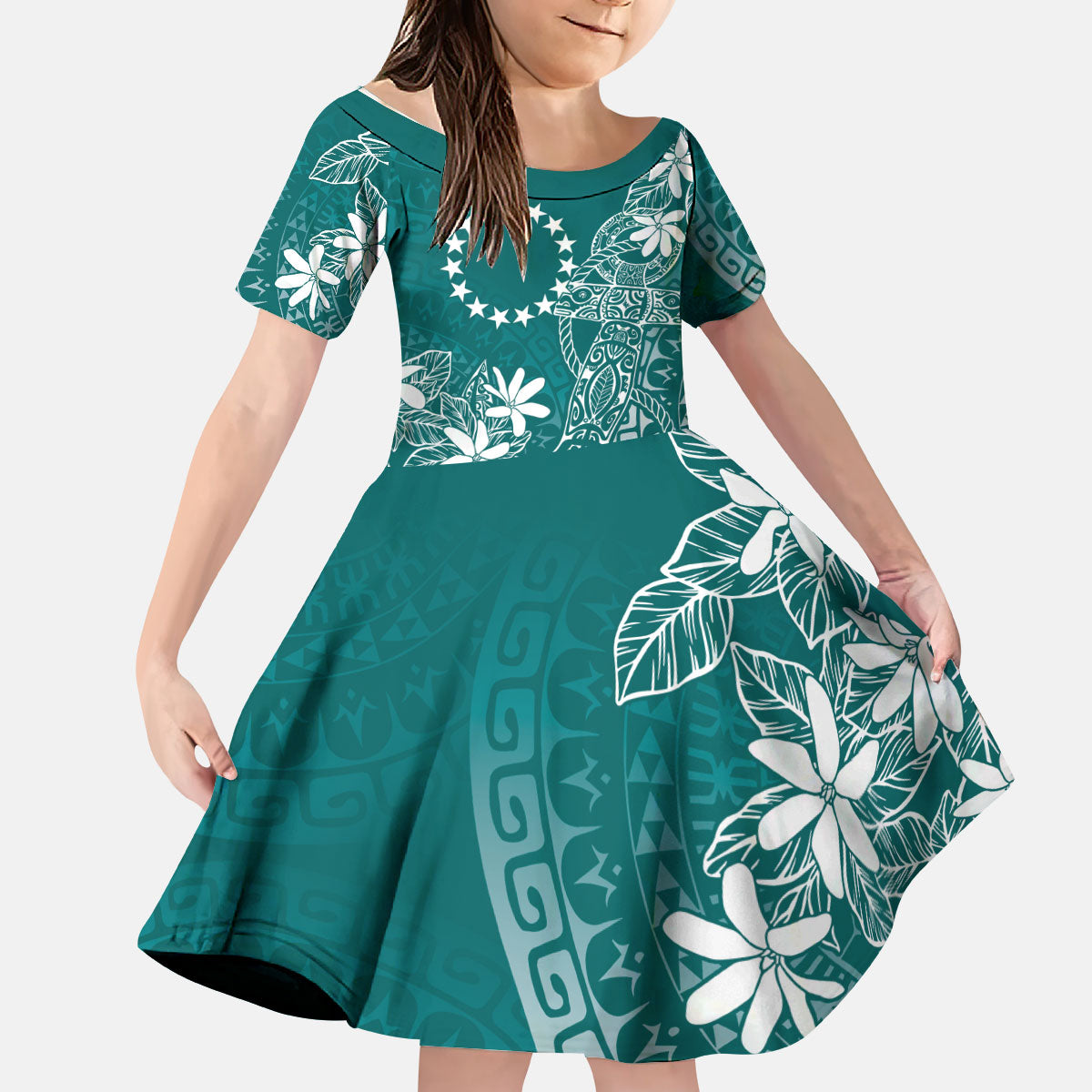 Teal Kuki Airani Tapakau Kid Short Sleeve Dress Tribal Anchor Mix Tiare