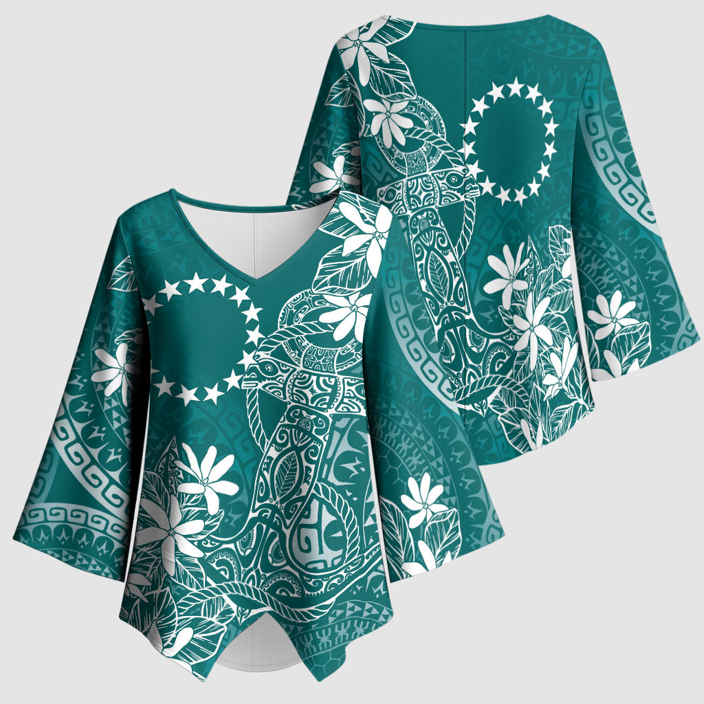 Teal Kuki Airani Tapakau Kimono Sleeve Blouse Tribal Anchor Mix Tiare
