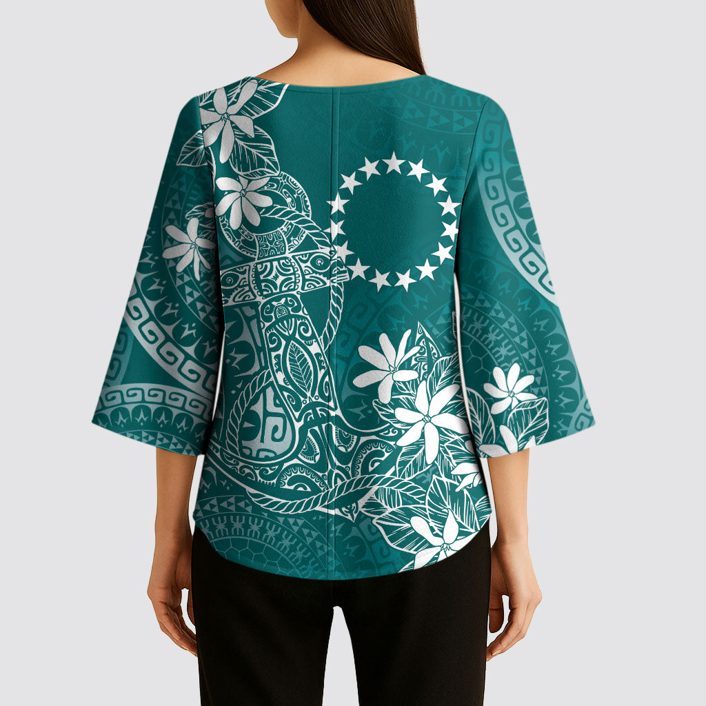 Teal Kuki Airani Tapakau Kimono Sleeve Blouse Tribal Anchor Mix Tiare