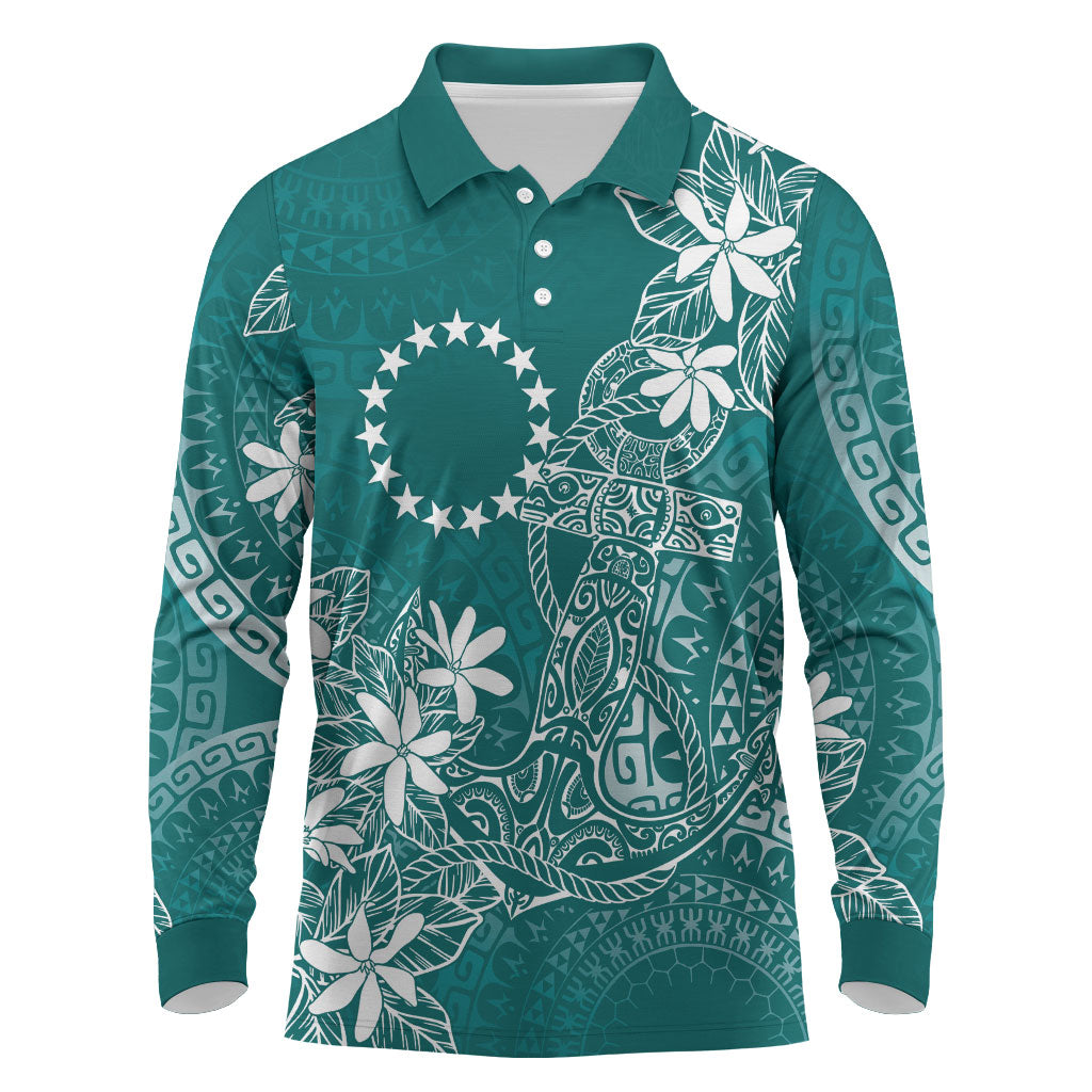 Teal Kuki Airani Tapakau Long Sleeve Polo Shirt Tribal Anchor Mix Tiare