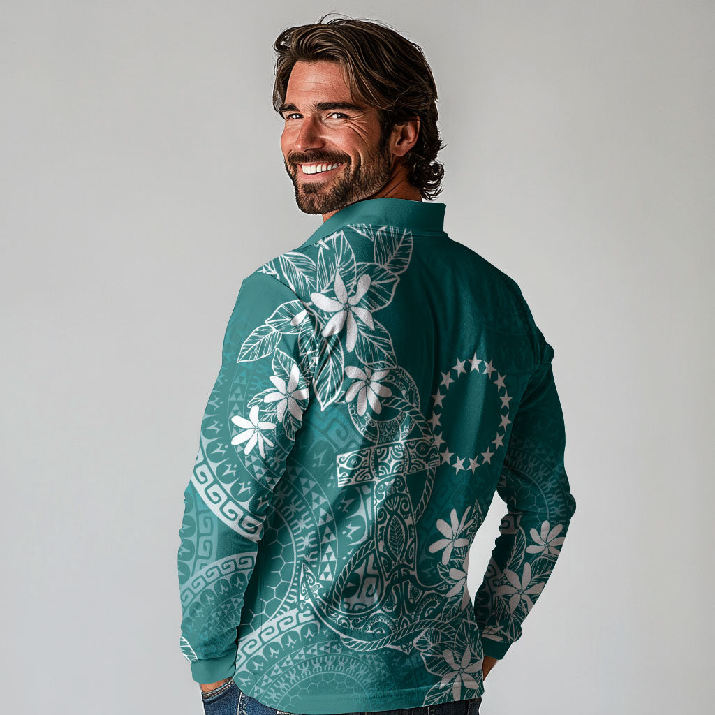 Teal Kuki Airani Tapakau Long Sleeve Polo Shirt Tribal Anchor Mix Tiare