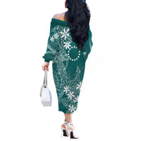 Teal Kuki Airani Tapakau Off The Shoulder Long Sleeve Dress Tribal Anchor Mix Tiare