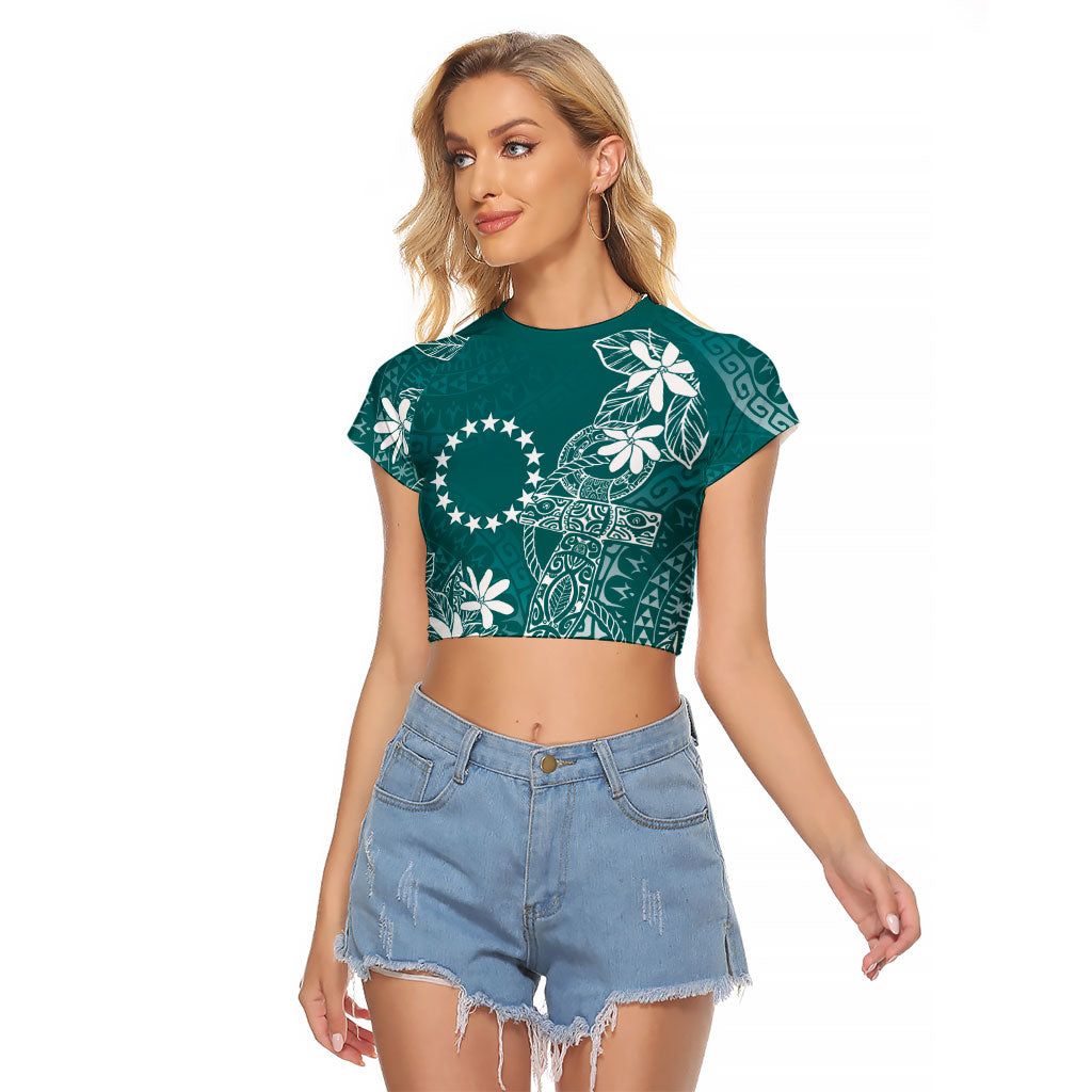 Teal Kuki Airani Tapakau Raglan Cropped T Shirt Tribal Anchor Mix Tiare