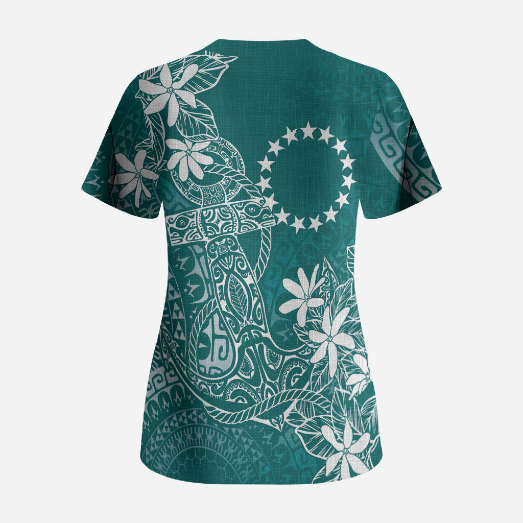 Teal Kuki Airani Tapakau Scrub Top Tribal Anchor Mix Tiare