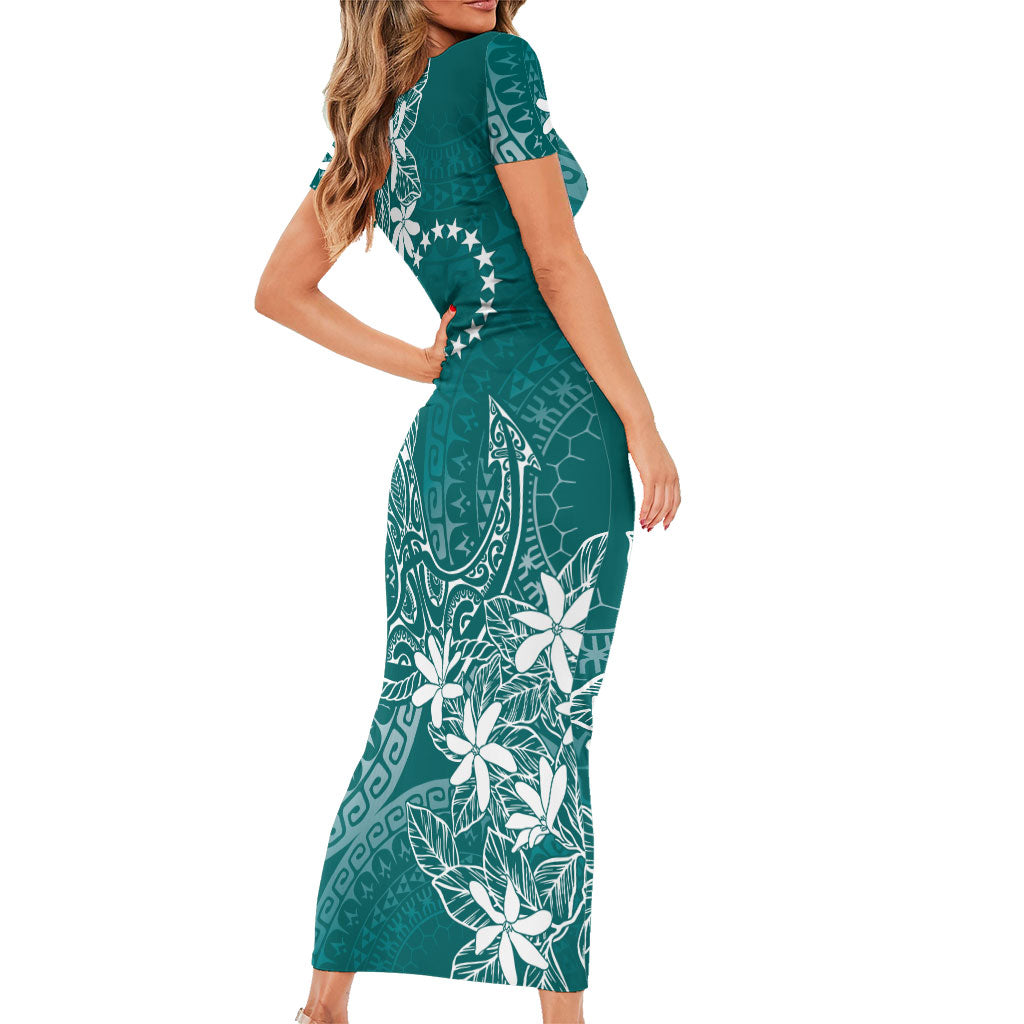 Teal Kuki Airani Tapakau Short Sleeve Bodycon Dress Tribal Anchor Mix Tiare