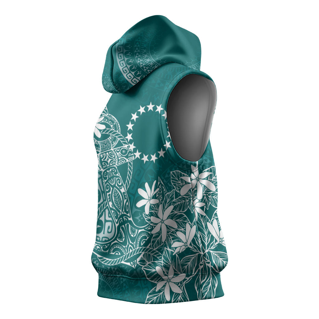 Teal Kuki Airani Tapakau Sleeveless Hoodie Tribal Anchor Mix Tiare