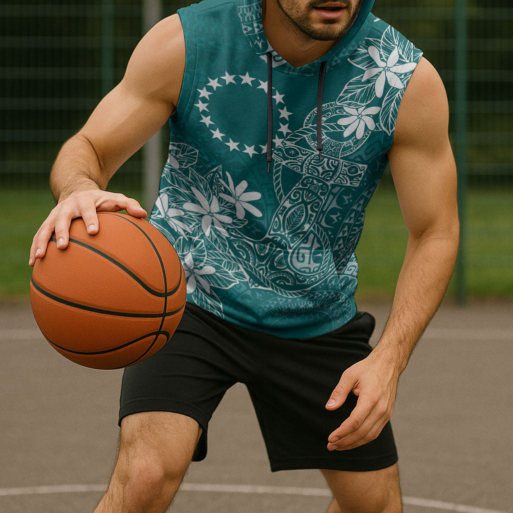Teal Kuki Airani Tapakau Sleeveless Hoodie Tribal Anchor Mix Tiare