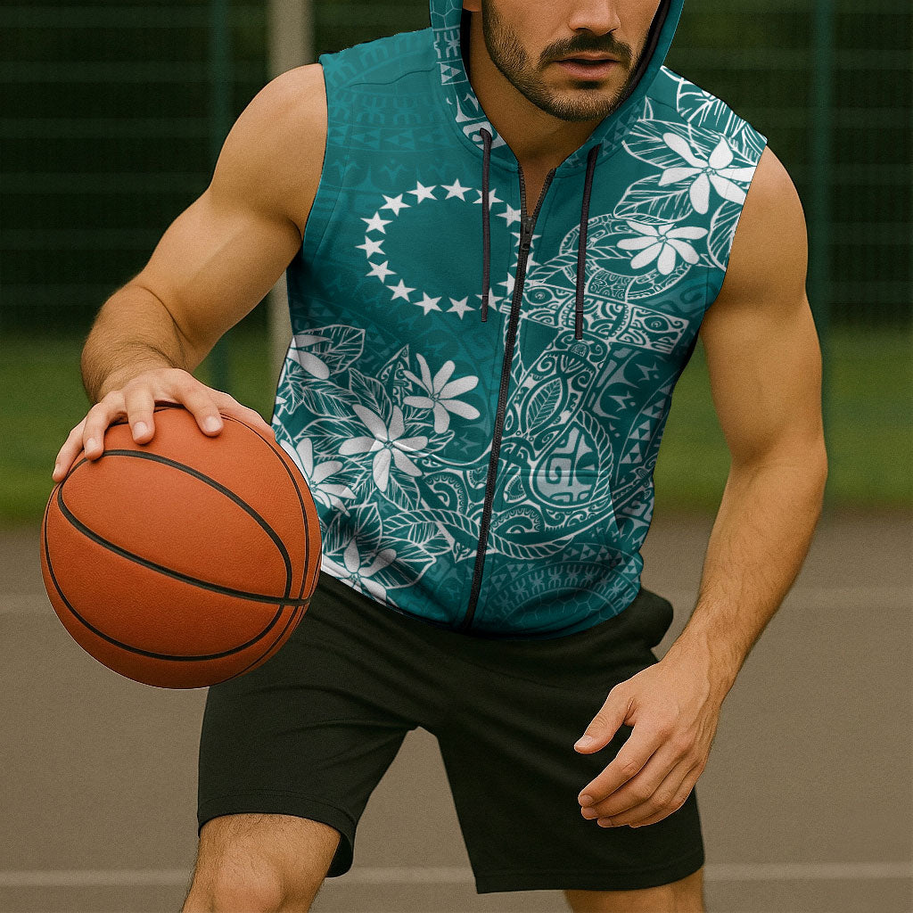 Teal Kuki Airani Tapakau Sleeveless Zip Hoodie Tribal Anchor Mix Tiare