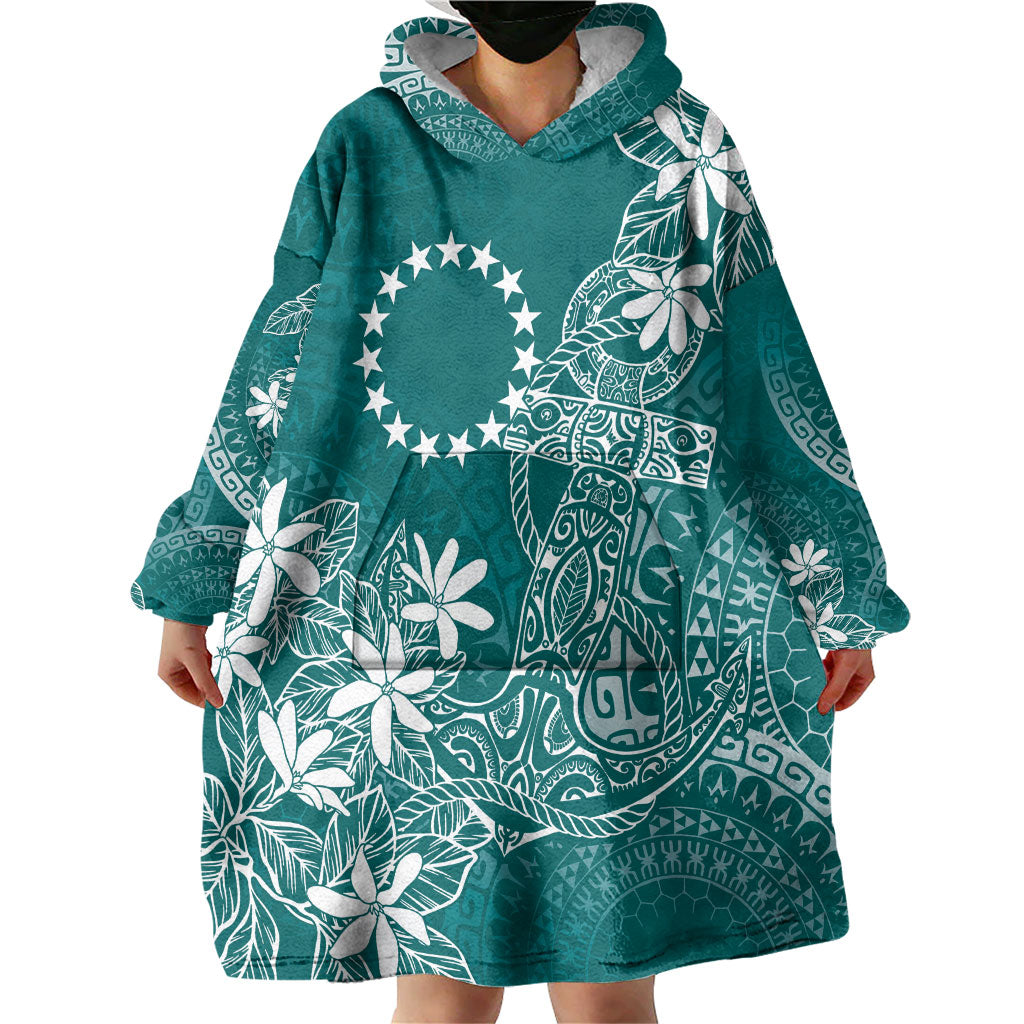 Teal Kuki Airani Tapakau Wearable Blanket Hoodie Tribal Anchor Mix Tiare