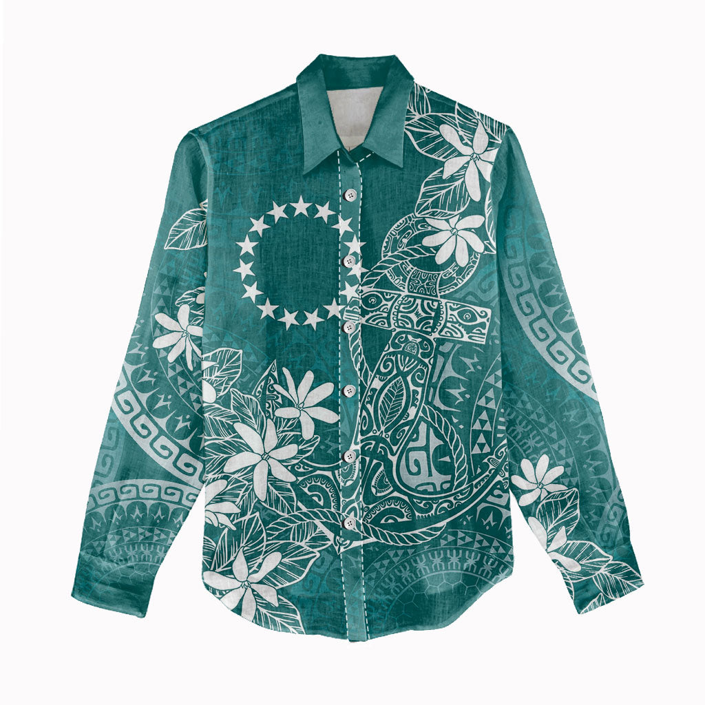 Teal Kuki Airani Tapakau Women Casual Shirt Tribal Anchor Mix Tiare
