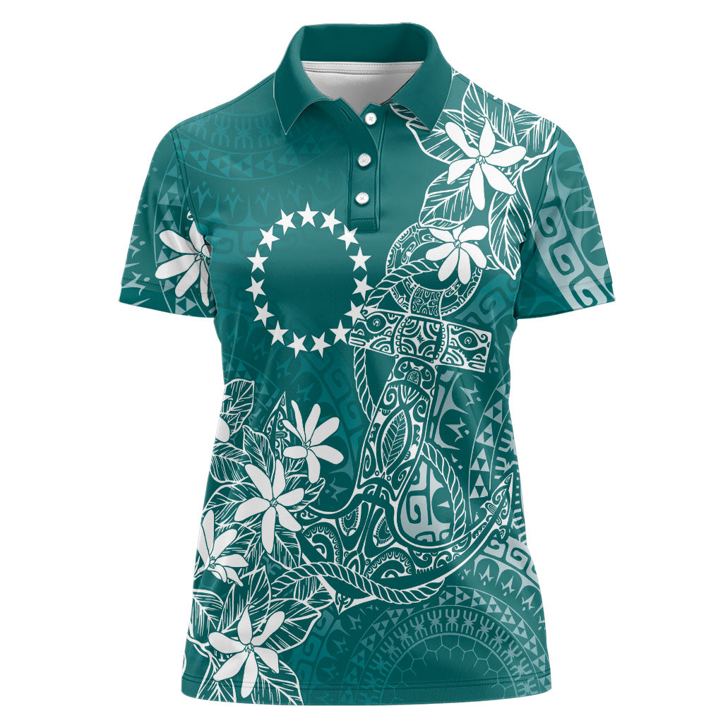 Teal Kuki Airani Tapakau Women Polo Shirt Tribal Anchor Mix Tiare