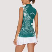 Teal Kuki Airani Tapakau Women Sleeveless Polo Shirt Tribal Anchor Mix Tiare