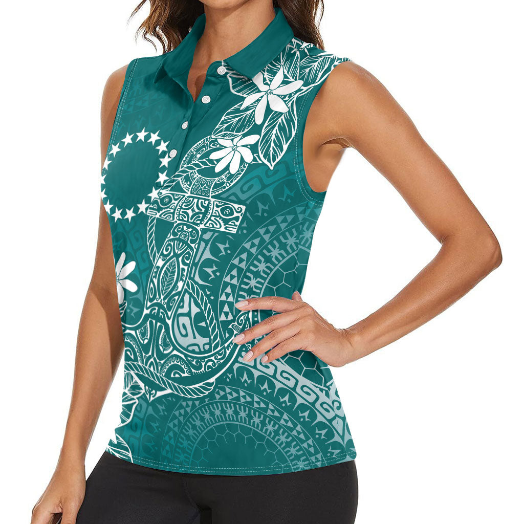 Teal Kuki Airani Tapakau Women Sleeveless Polo Shirt Tribal Anchor Mix Tiare