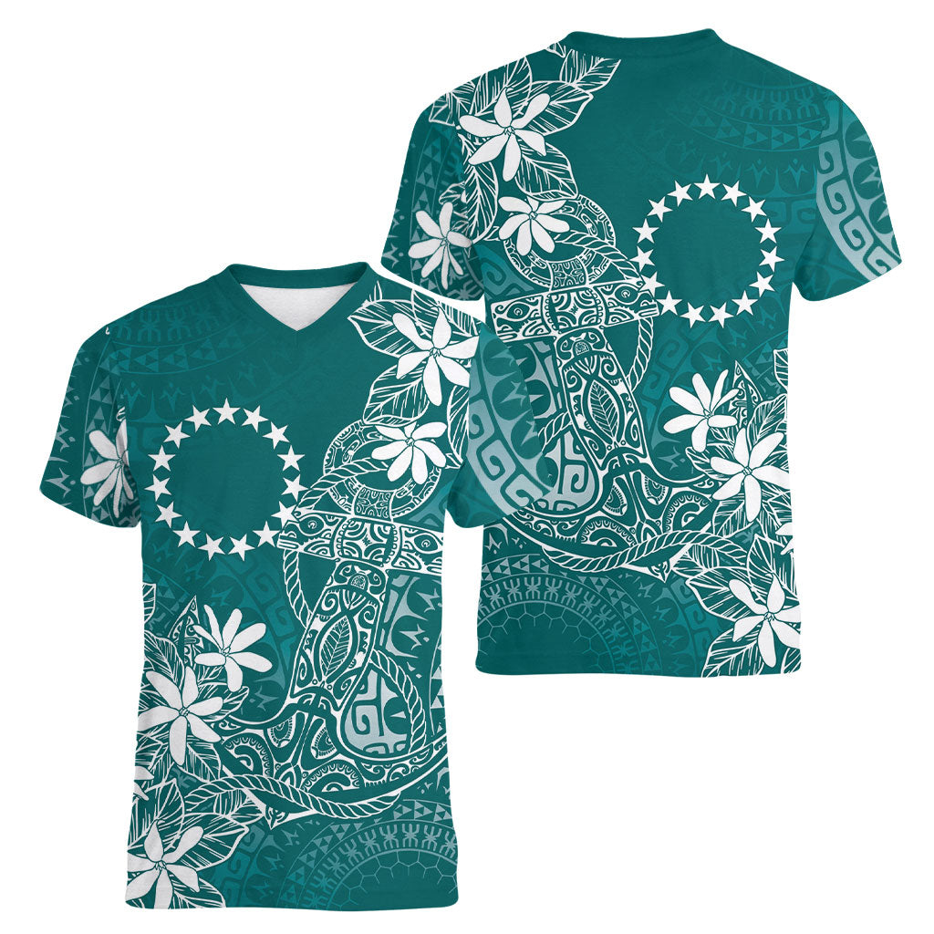 Teal Kuki Airani Tapakau Women V-Neck T-Shirt Tribal Anchor Mix Tiare