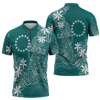 Teal Kuki Airani Tapakau Zipper Polo Shirt Tribal Anchor Mix Tiare