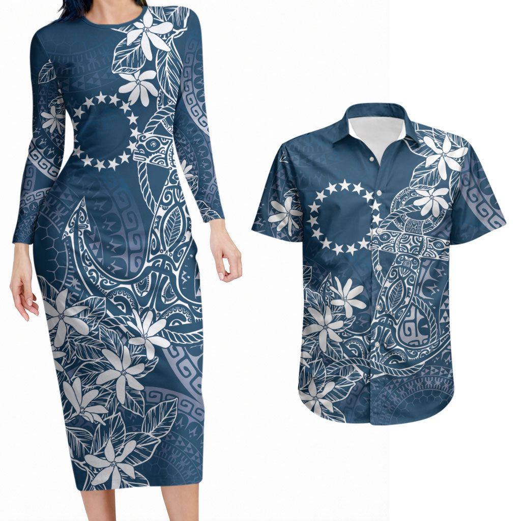 Navy Kuki Airani Tapakau Couples Matching Long Sleeve Bodycon Dress and Hawaiian Shirt Tribal Anchor Mix Tiare LT7 Navy - Polynesian Pride