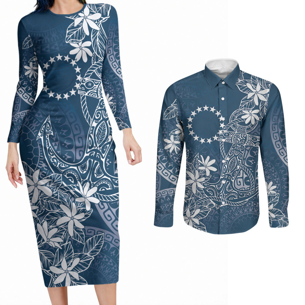 Navy Kuki Airani Tapakau Couples Matching Long Sleeve Bodycon Dress and Long Sleeve Button Shirt Tribal Anchor Mix Tiare LT7 Navy - Polynesian Pride