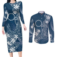 Navy Kuki Airani Tapakau Couples Matching Long Sleeve Bodycon Dress and Long Sleeve Button Shirt Tribal Anchor Mix Tiare