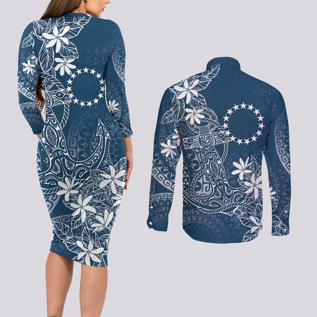 Navy Kuki Airani Tapakau Couples Matching Long Sleeve Bodycon Dress and Long Sleeve Button Shirt Tribal Anchor Mix Tiare