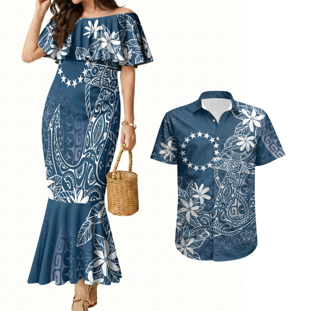 Navy Kuki Airani Tapakau Couples Matching Mermaid Dress and Hawaiian Shirt Tribal Anchor Mix Tiare LT7 Navy - Polynesian Pride