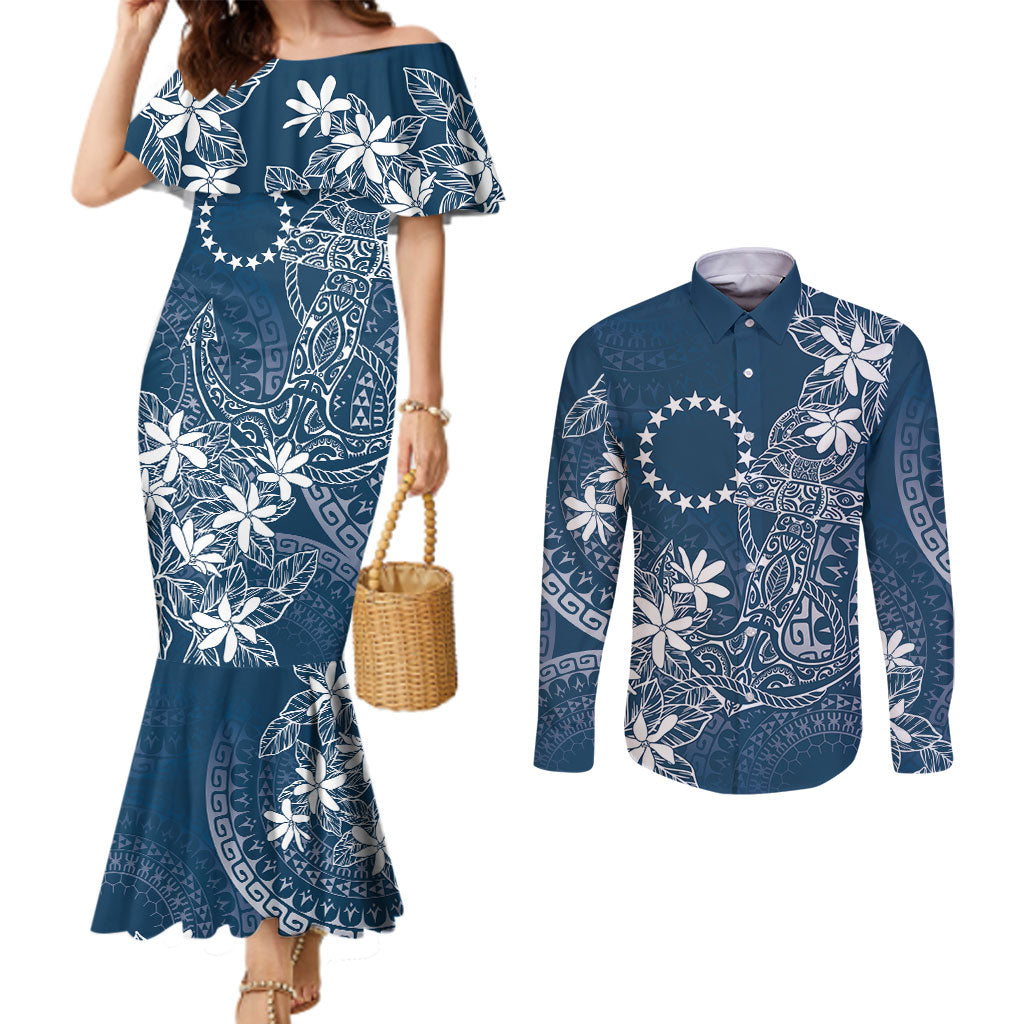 Navy Kuki Airani Tapakau Couples Matching Mermaid Dress and Long Sleeve Button Shirt Tribal Anchor Mix Tiare