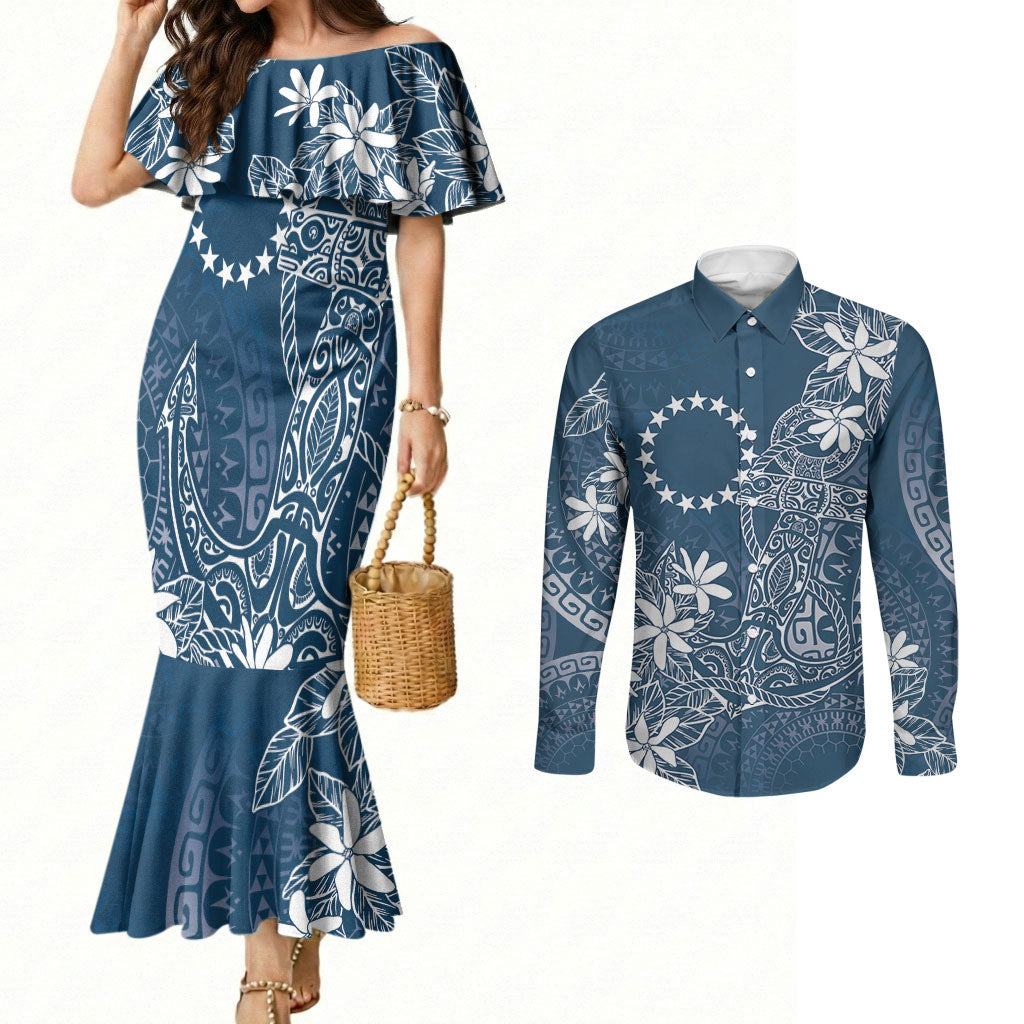 Navy Kuki Airani Tapakau Couples Matching Mermaid Dress and Long Sleeve Button Shirt Tribal Anchor Mix Tiare LT7 Navy - Polynesian Pride