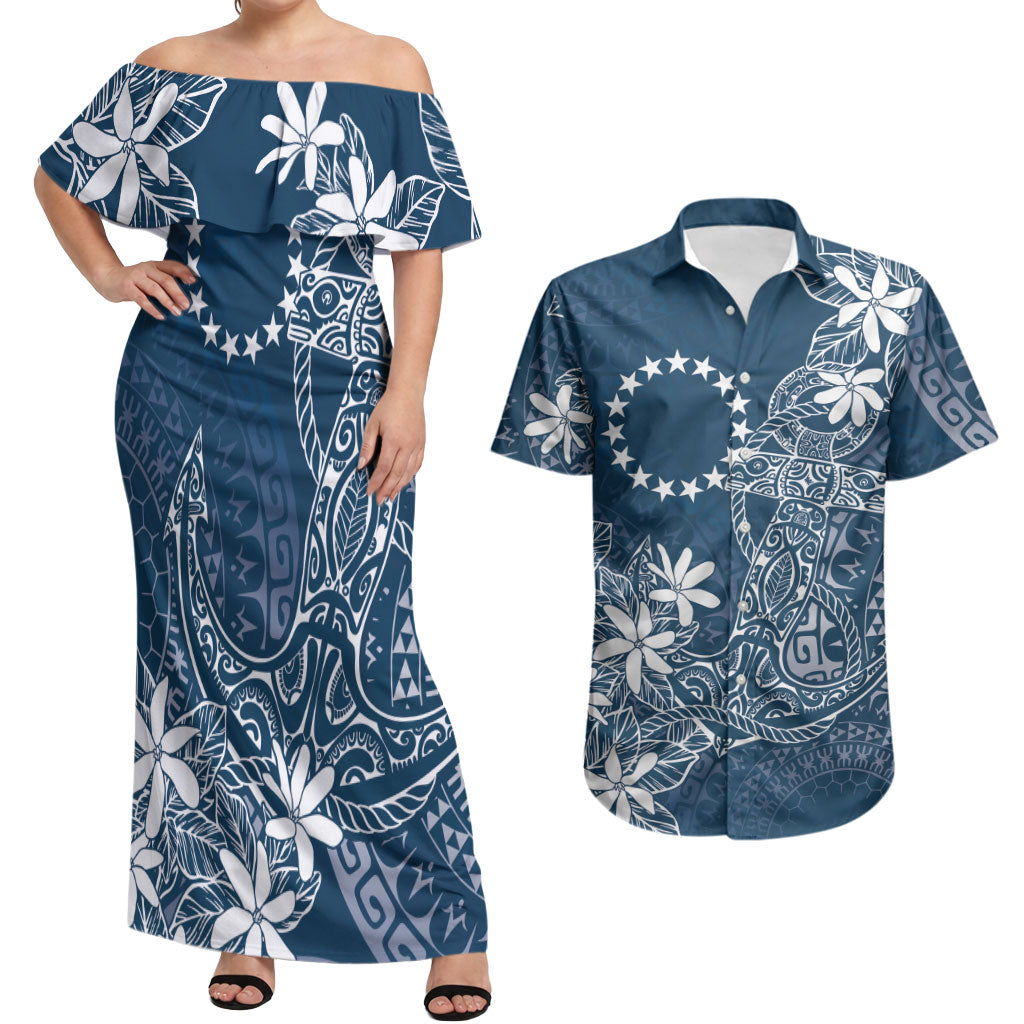 Navy Kuki Airani Tapakau Couples Matching Off Shoulder Maxi Dress and Hawaiian Shirt Tribal Anchor Mix Tiare LT7 Navy - Polynesian Pride