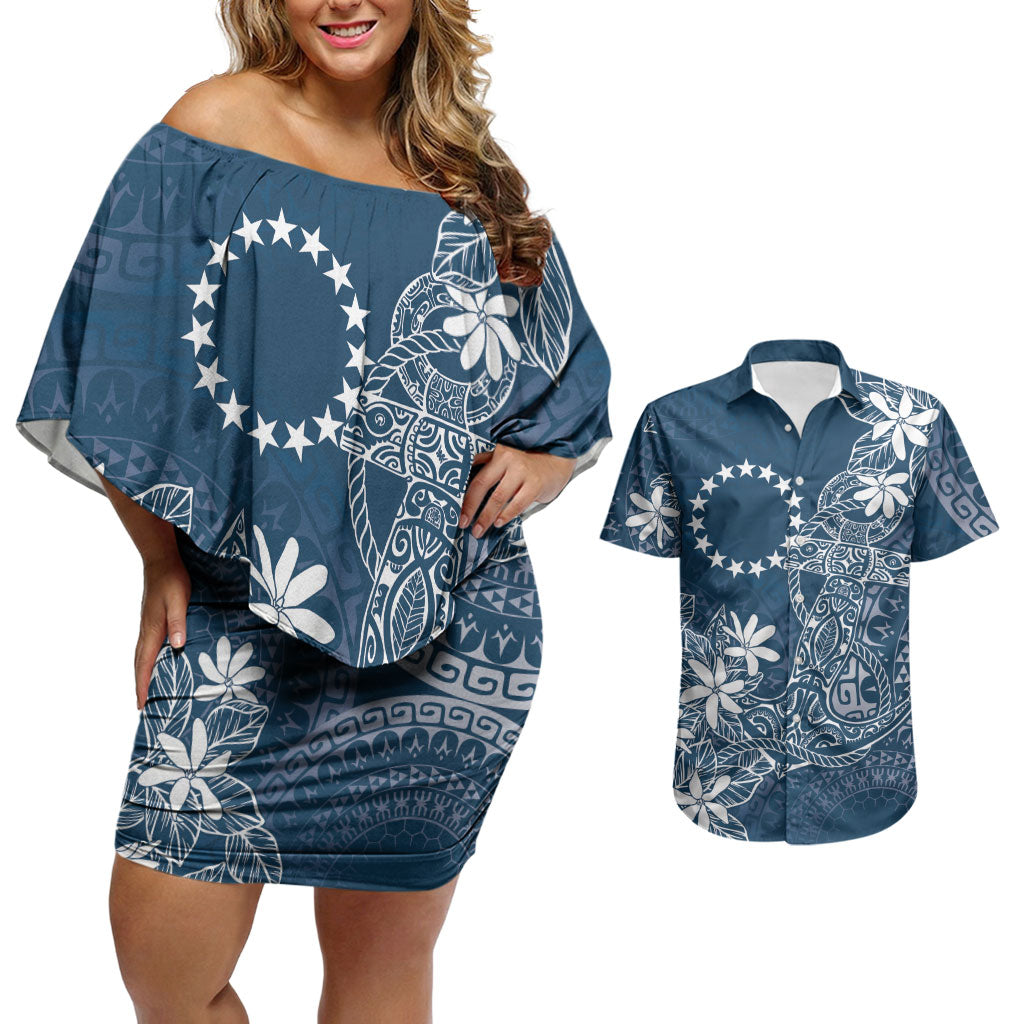 Navy Kuki Airani Tapakau Couples Matching Off Shoulder Short Dress and Hawaiian Shirt Tribal Anchor Mix Tiare LT7 Navy - Polynesian Pride