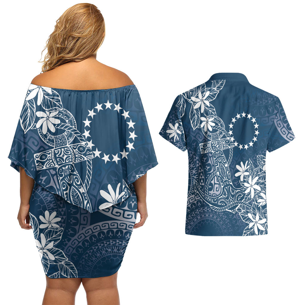 Navy Kuki Airani Tapakau Couples Matching Off Shoulder Short Dress and Hawaiian Shirt Tribal Anchor Mix Tiare