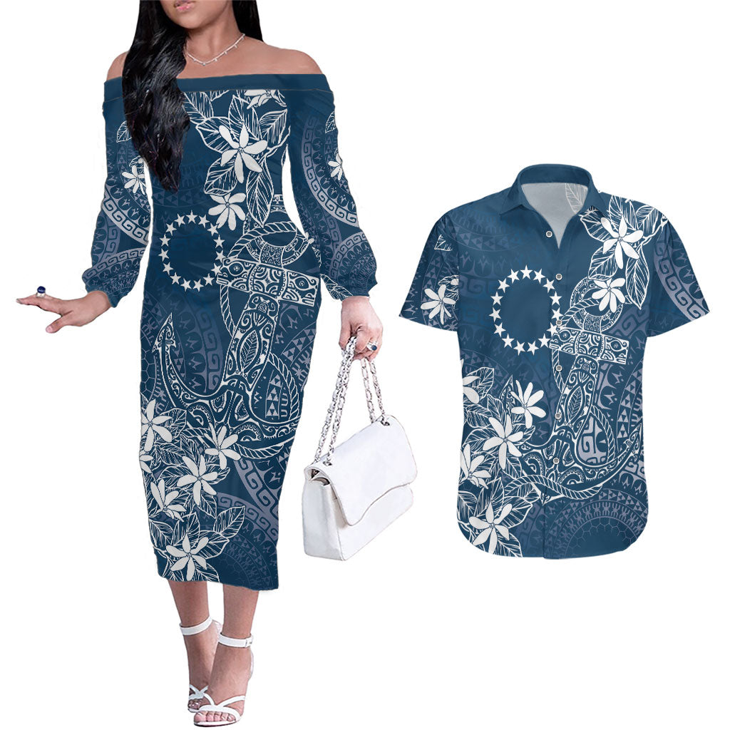 Navy Kuki Airani Tapakau Couples Matching Off The Shoulder Long Sleeve Dress and Hawaiian Shirt Tribal Anchor Mix Tiare