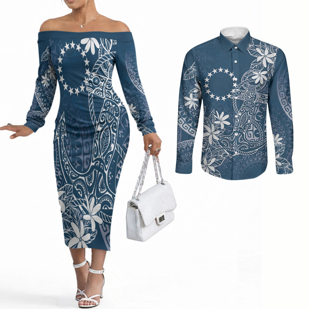 Navy Kuki Airani Tapakau Couples Matching Off The Shoulder Long Sleeve Dress and Long Sleeve Button Shirt Tribal Anchor Mix Tiare LT7 Navy - Polynesian Pride