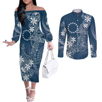 Navy Kuki Airani Tapakau Couples Matching Off The Shoulder Long Sleeve Dress and Long Sleeve Button Shirt Tribal Anchor Mix Tiare