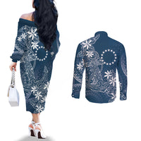 Navy Kuki Airani Tapakau Couples Matching Off The Shoulder Long Sleeve Dress and Long Sleeve Button Shirt Tribal Anchor Mix Tiare