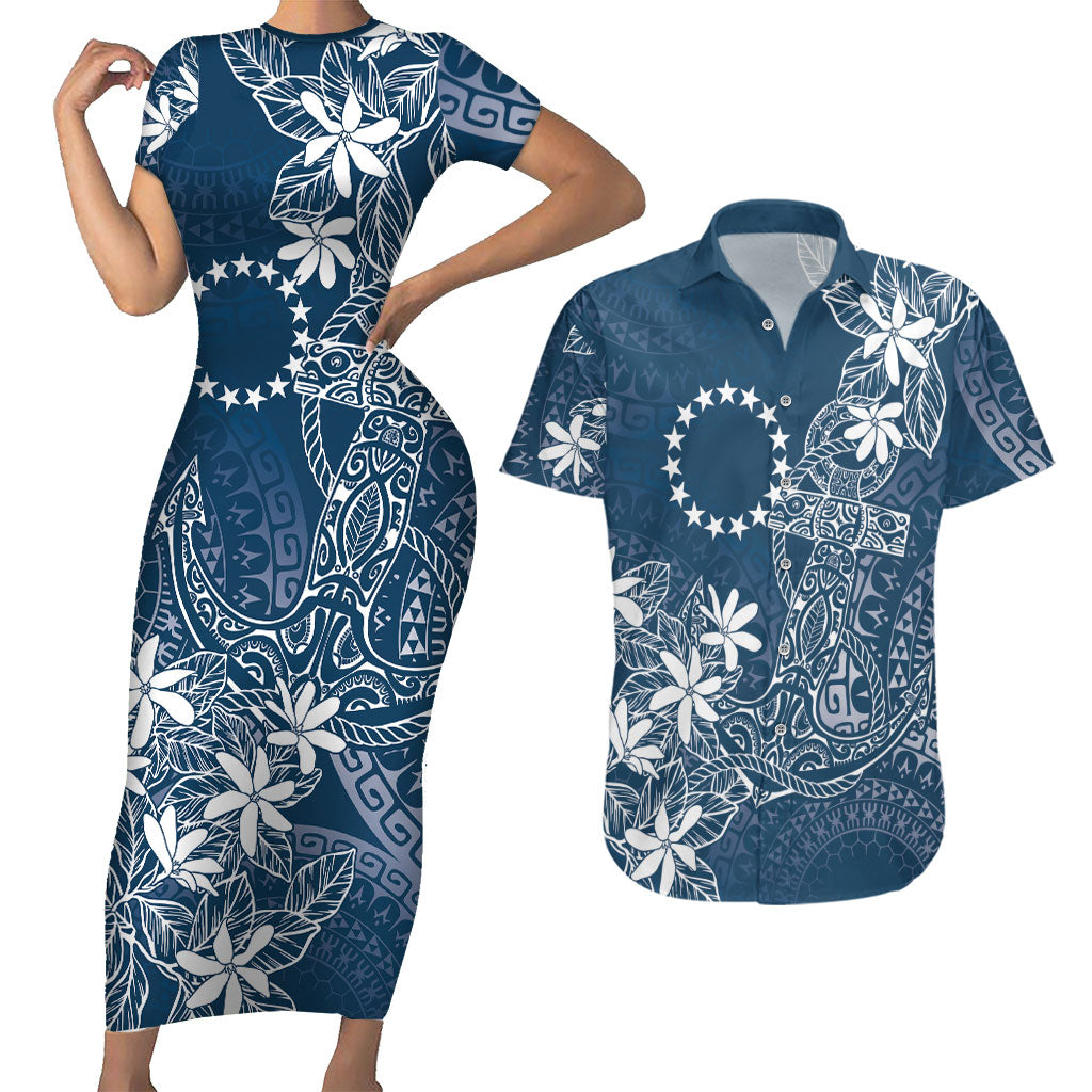 Navy Kuki Airani Tapakau Couples Matching Short Sleeve Bodycon Dress and Hawaiian Shirt Tribal Anchor Mix Tiare