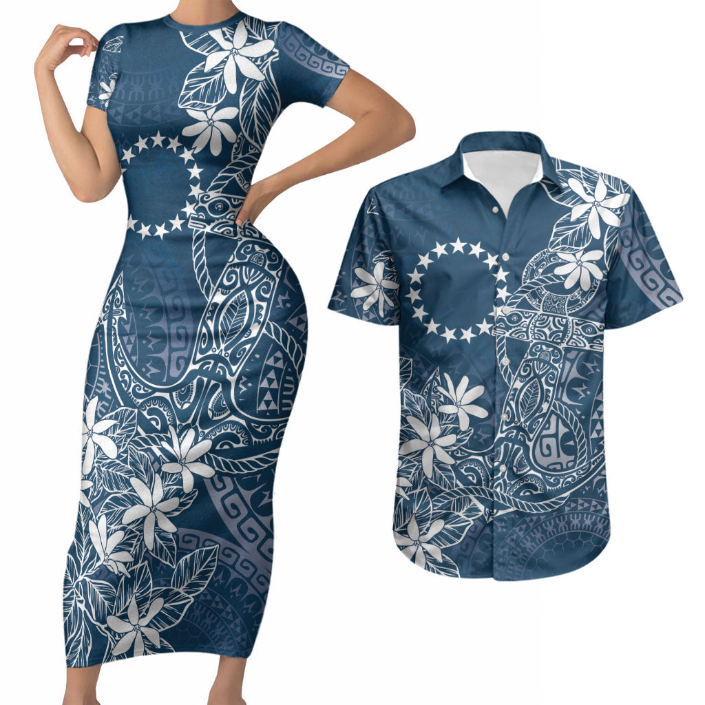 Navy Kuki Airani Tapakau Couples Matching Short Sleeve Bodycon Dress and Hawaiian Shirt Tribal Anchor Mix Tiare LT7 Navy - Polynesian Pride