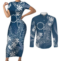 Navy Kuki Airani Tapakau Couples Matching Short Sleeve Bodycon Dress and Long Sleeve Button Shirt Tribal Anchor Mix Tiare