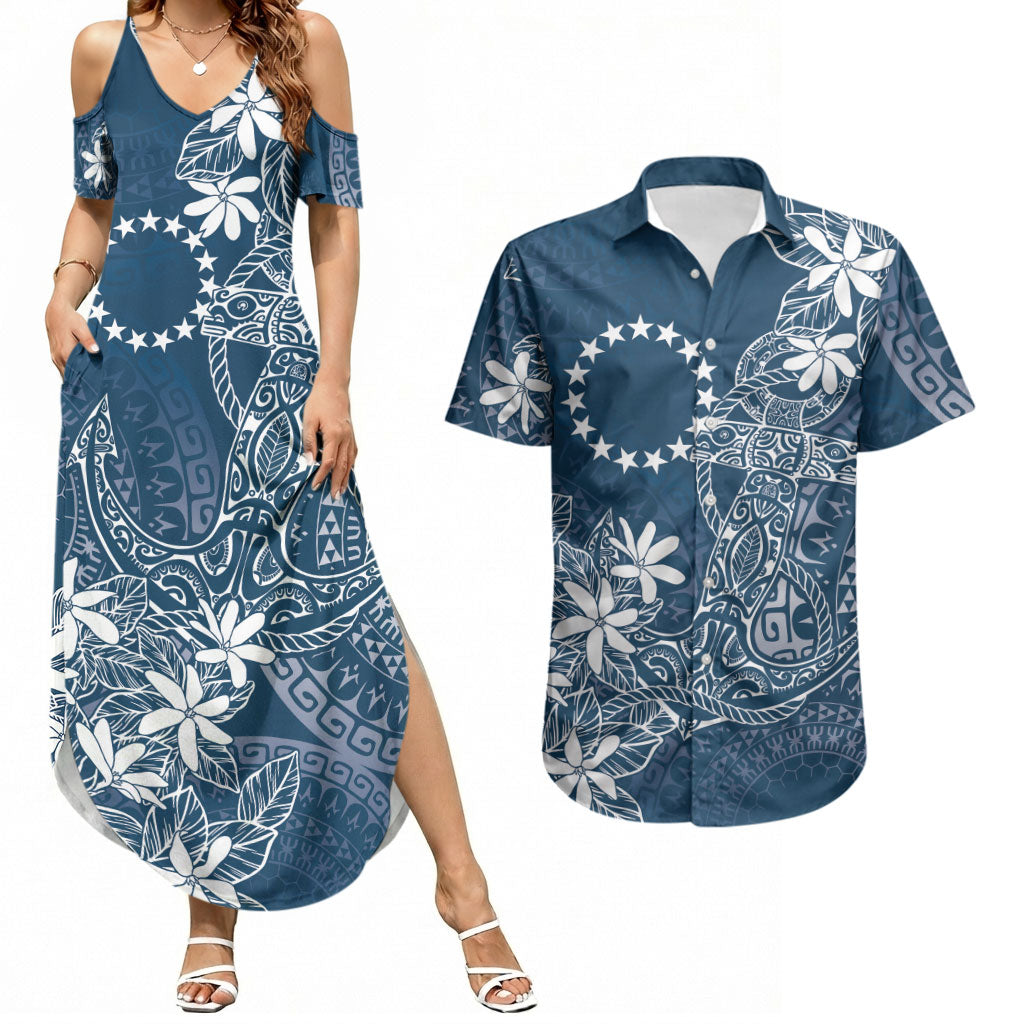 Navy Kuki Airani Tapakau Couples Matching Summer Maxi Dress and Hawaiian Shirt Tribal Anchor Mix Tiare LT7 Navy - Polynesian Pride