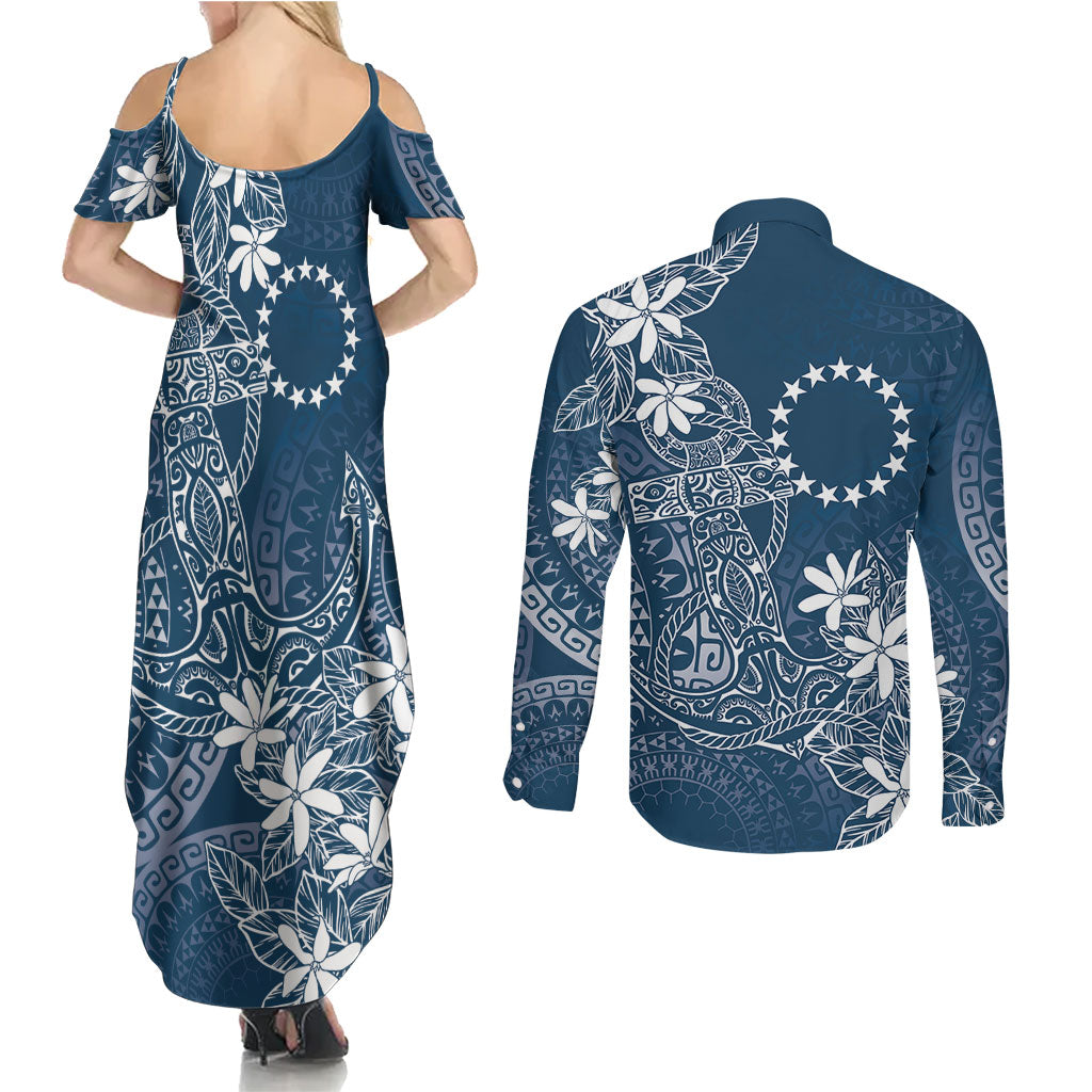 Navy Kuki Airani Tapakau Couples Matching Summer Maxi Dress and Long Sleeve Button Shirt Tribal Anchor Mix Tiare