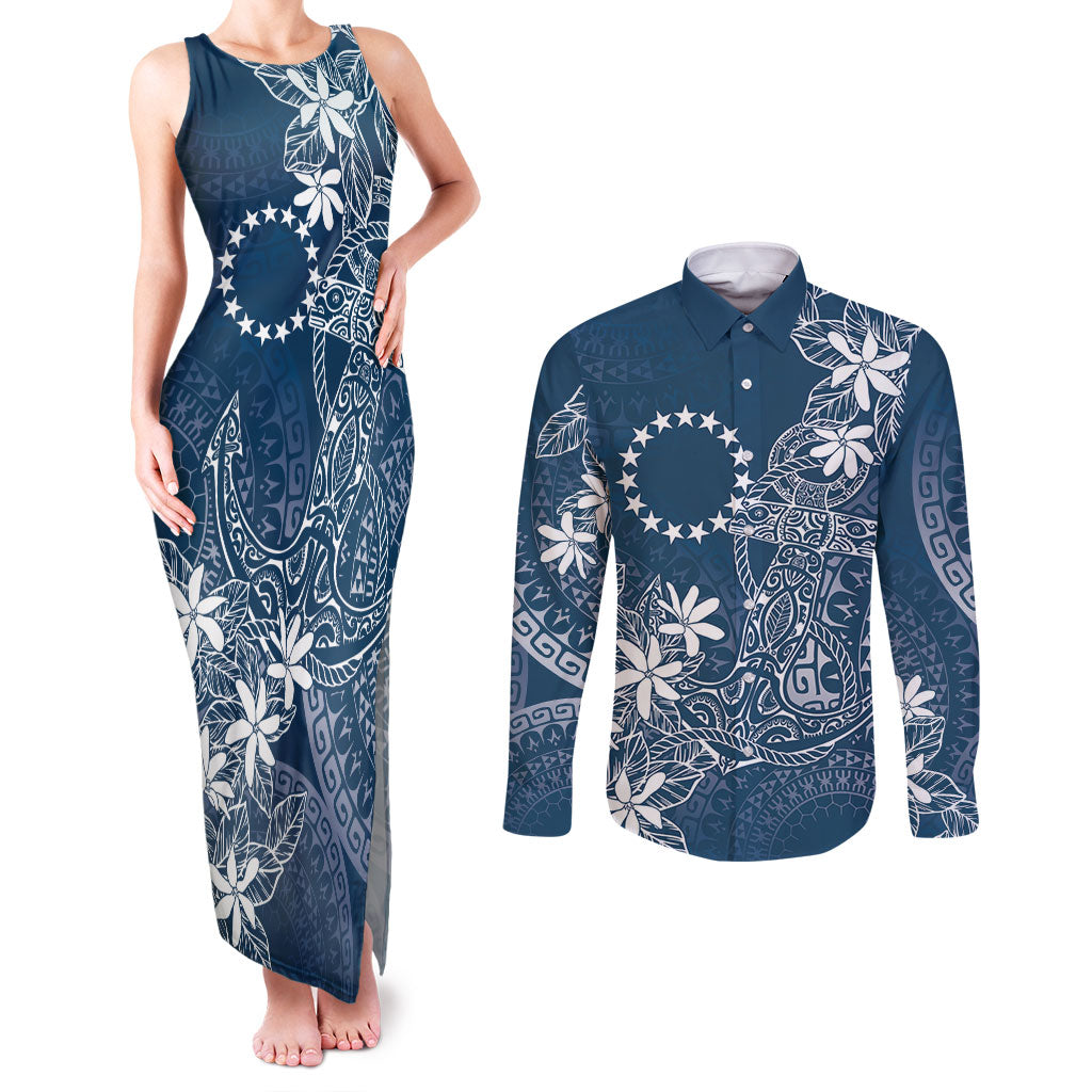 Navy Kuki Airani Tapakau Couples Matching Tank Maxi Dress and Long Sleeve Button Shirt Tribal Anchor Mix Tiare