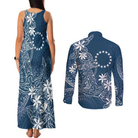 Navy Kuki Airani Tapakau Couples Matching Tank Maxi Dress and Long Sleeve Button Shirt Tribal Anchor Mix Tiare