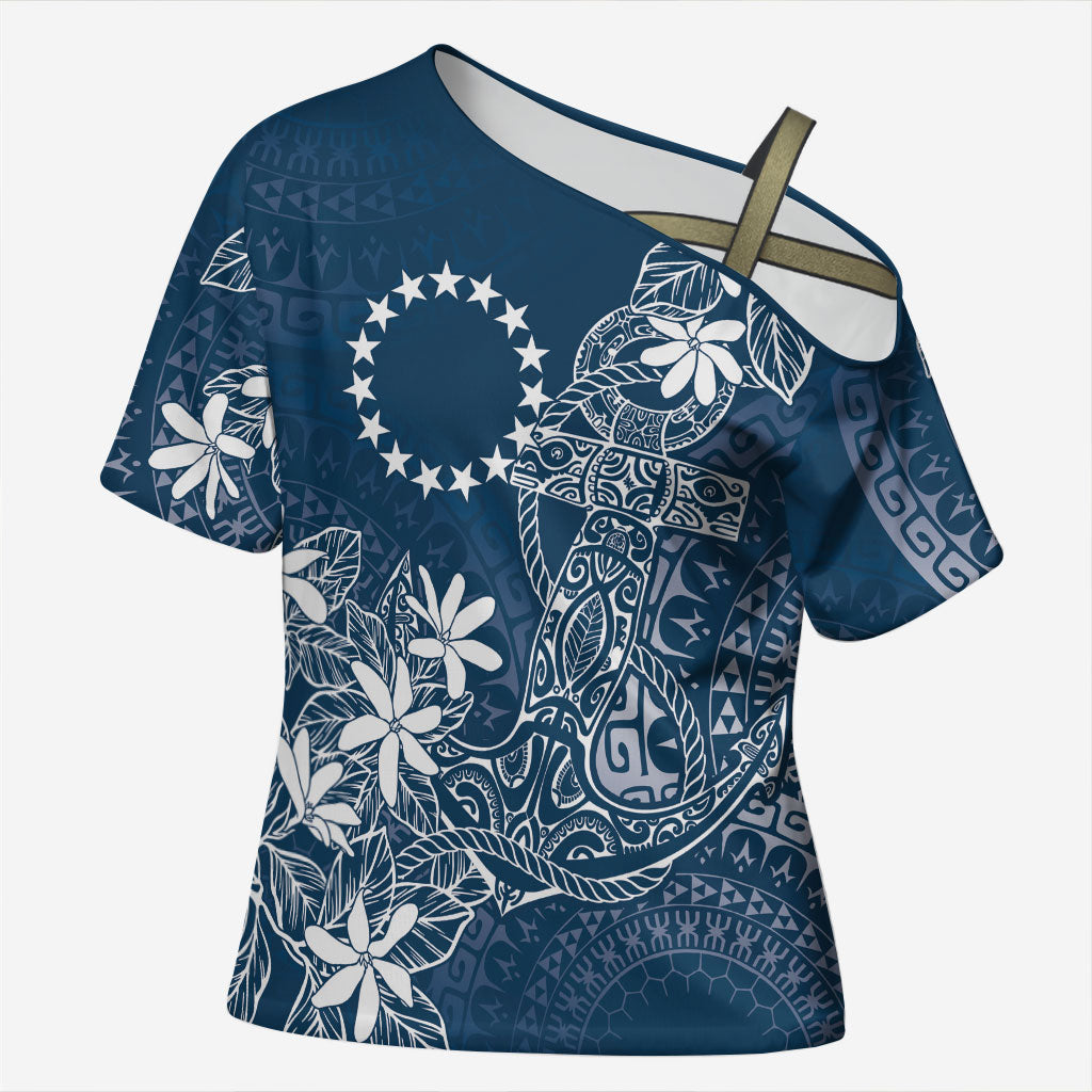 Navy Kuki Airani Tapakau Cross Shoulder Shirt Tribal Anchor Mix Tiare