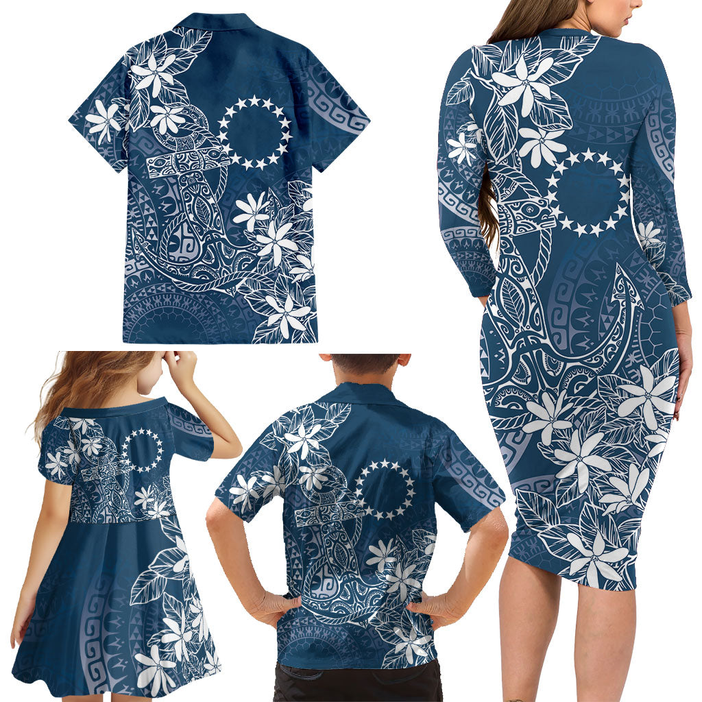 Navy Kuki Airani Tapakau Family Matching Long Sleeve Bodycon Dress and Hawaiian Shirt Tribal Anchor Mix Tiare